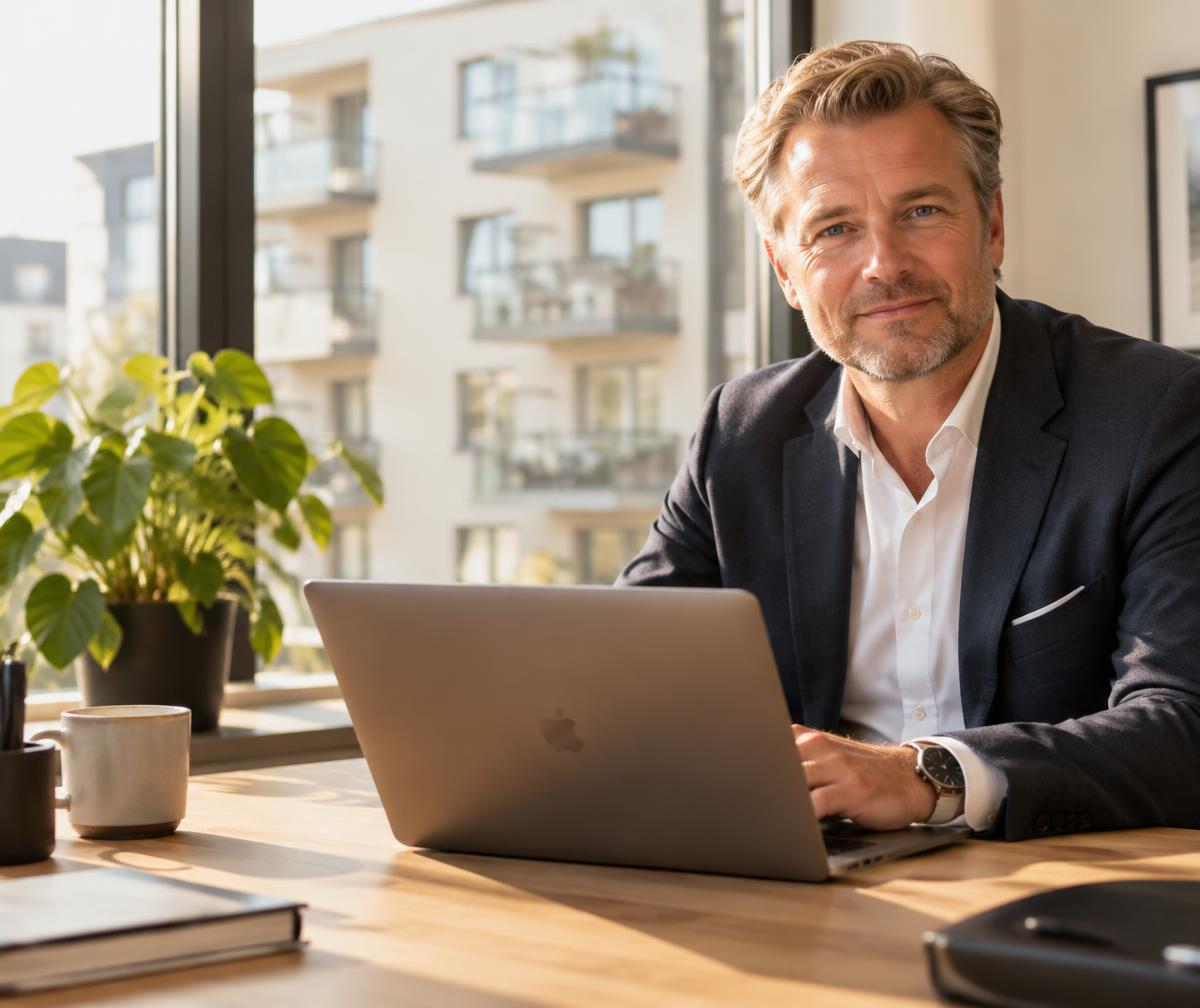 Illustrationsbild: person vid skrivbord i ett ljust kontor med bostadshus i bakgrunden