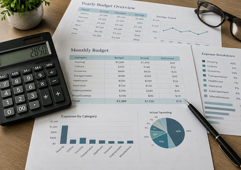 Miniräknare och budgetunderlag på ett skrivbord