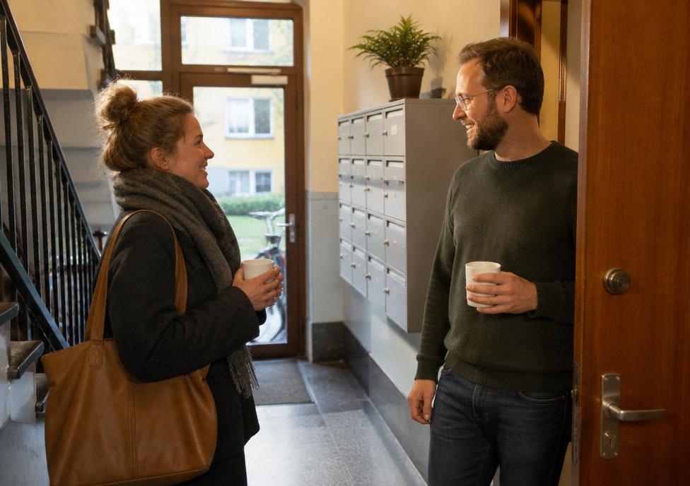Grannar som samtalar i trapphuset
